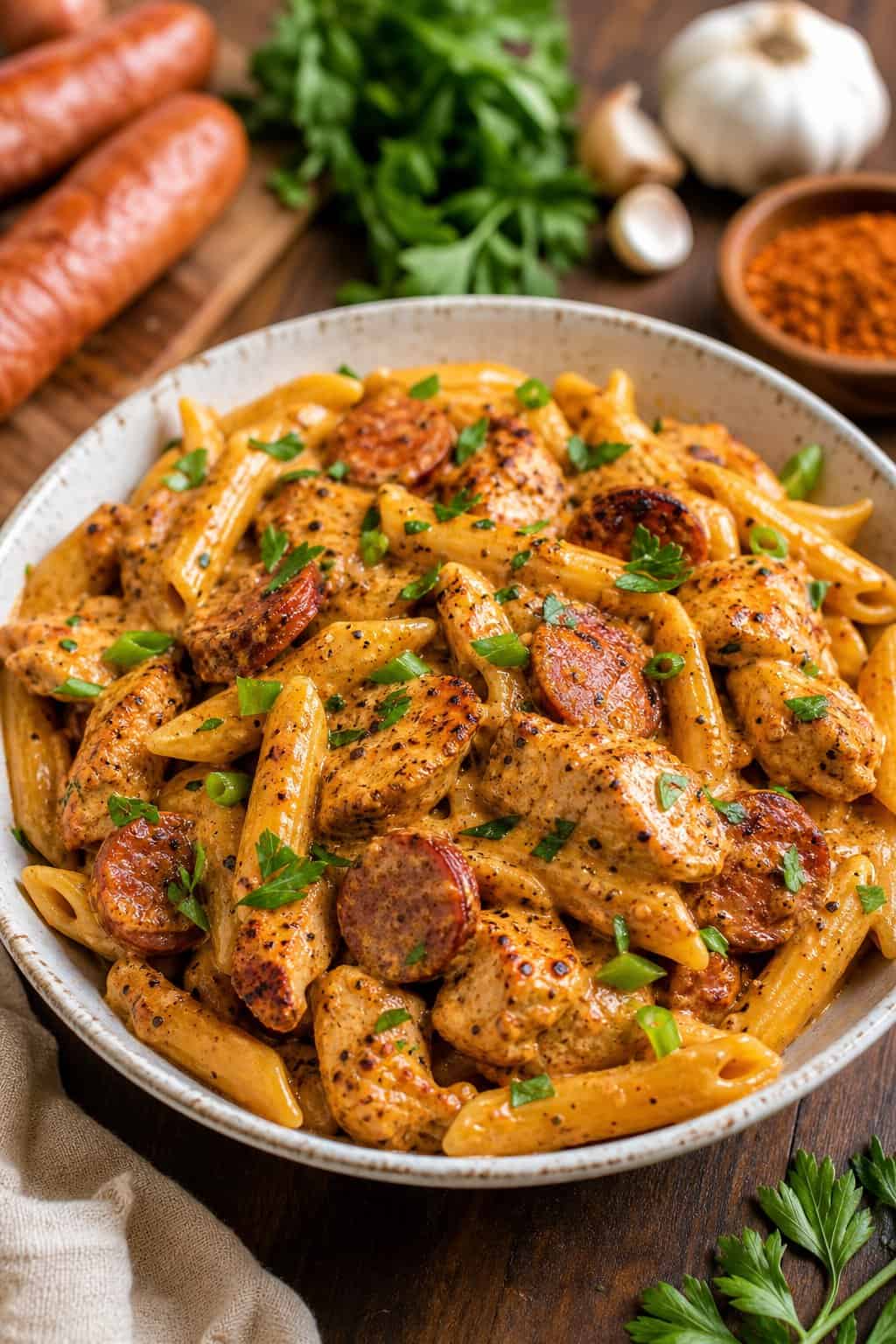 A bowl of chicken and sausage Cajun pasta garnished with parsley on a wooden table with ingredients in the background.