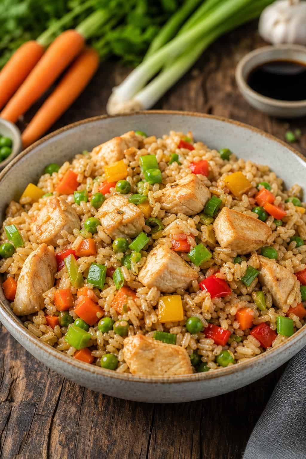 A bowl of chicken and vegetable fried rice with brown rice on a wooden table, surrounded by fresh vegetables.