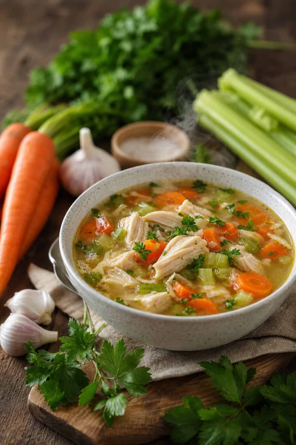 A steaming bowl of chicken and vegetable soup with fresh ingredients on a wooden table.