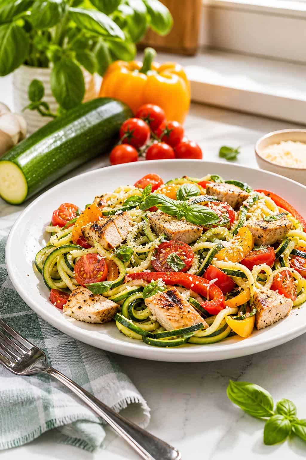 A plate of chicken and zucchini noodle primavera with colorful vegetables on a kitchen table.