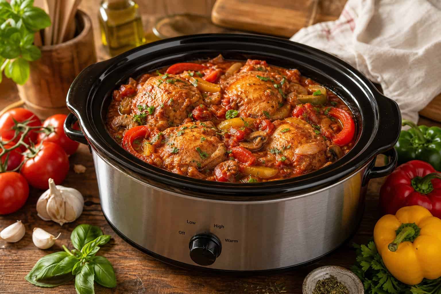 A crockpot filled with Chicken Cacciatore on a wooden table surrounded by fresh vegetables and herbs.
