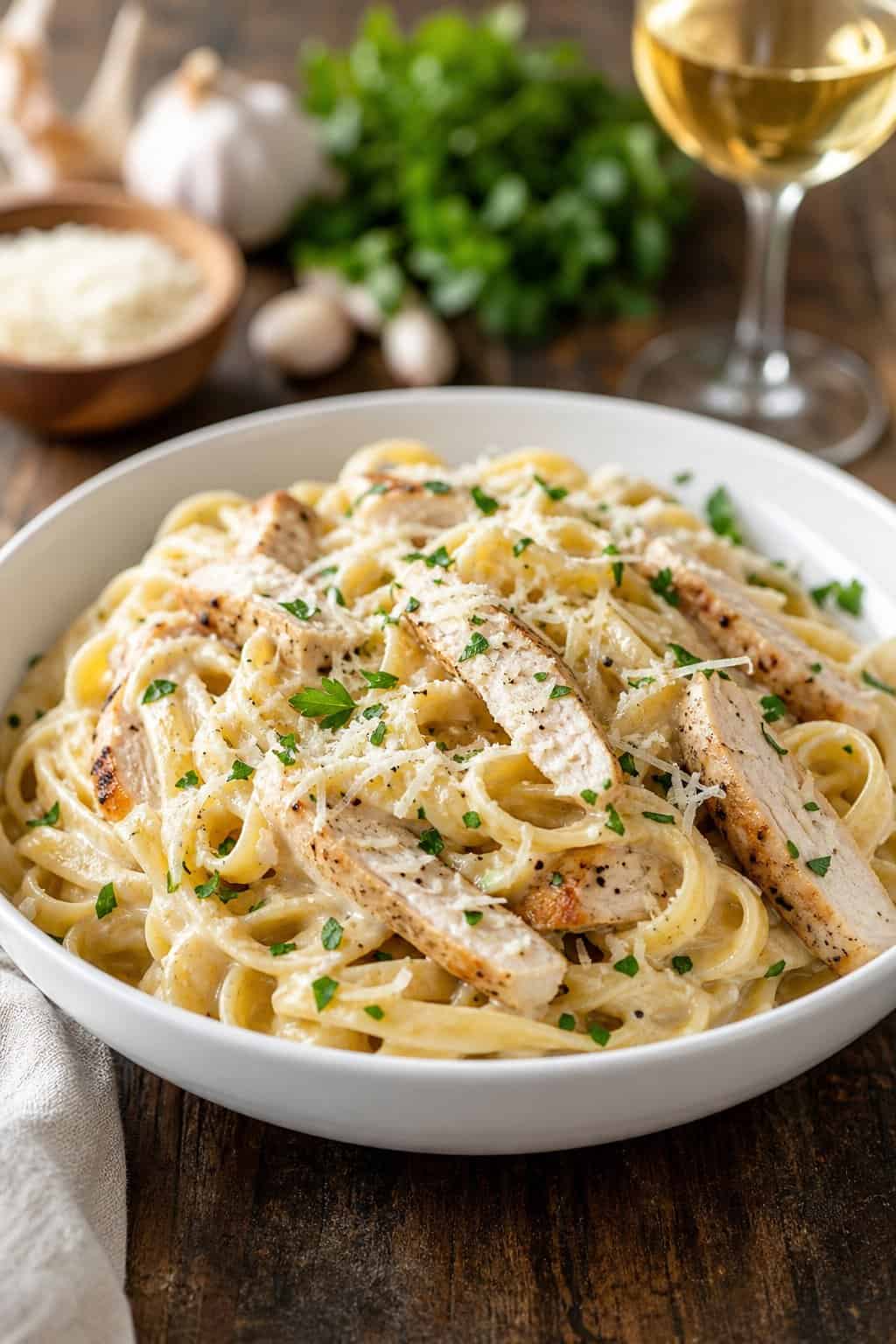 A bowl of creamy chicken carbonara pasta made with turkey, garnished with parsley and Parmesan cheese on a wooden table.