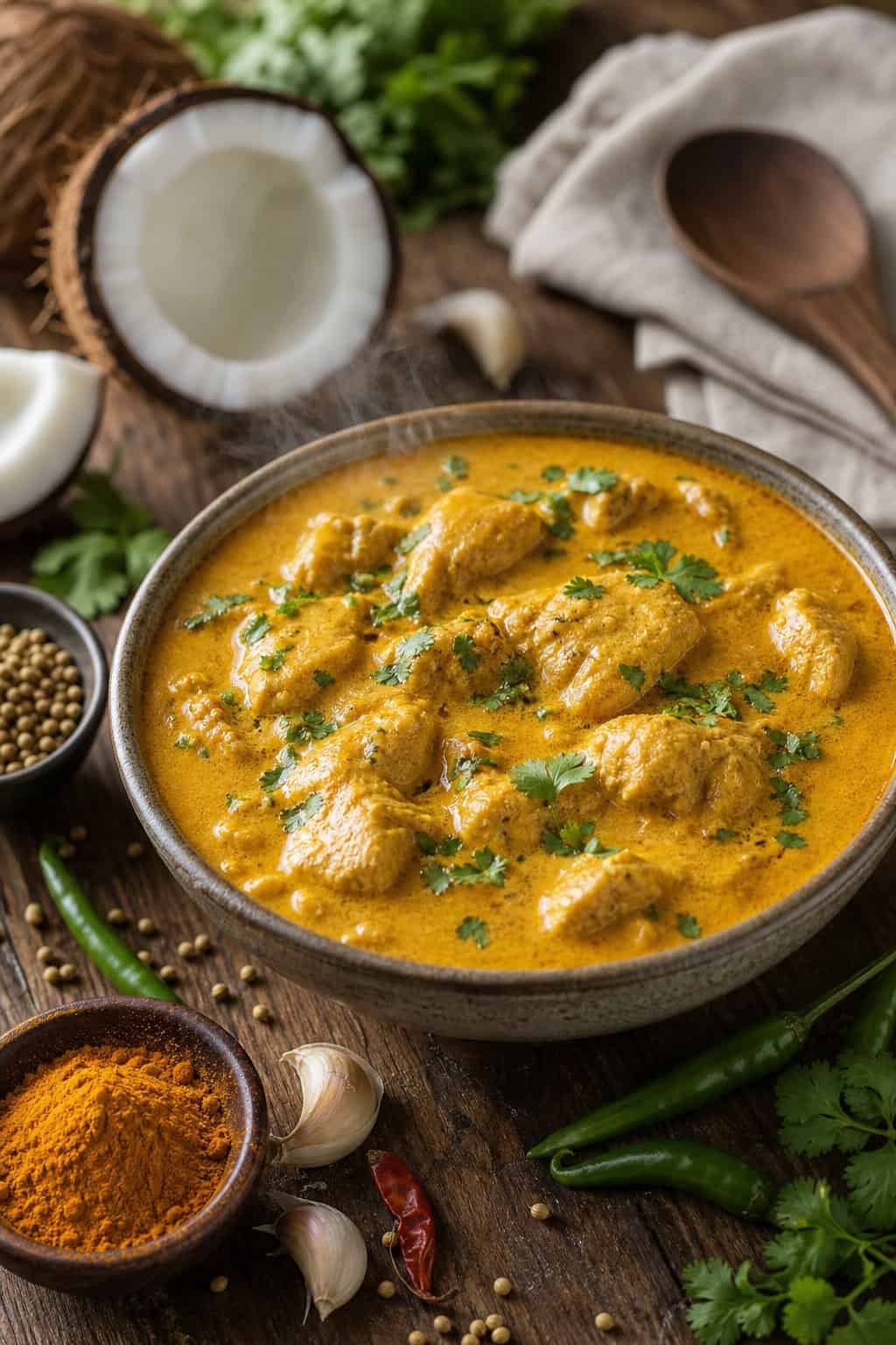 A bowl of creamy chicken curry with coconut milk garnished with cilantro on a wooden table with fresh ingredients around it.