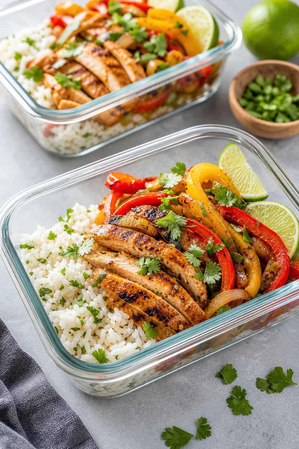 23 Healthy Chicken and Vegetable Recipes 17 Meal-prep bowls filled with grilled chicken strips, sautéed bell peppers, onions, rice, and garnished with cilantro and lime wedges.