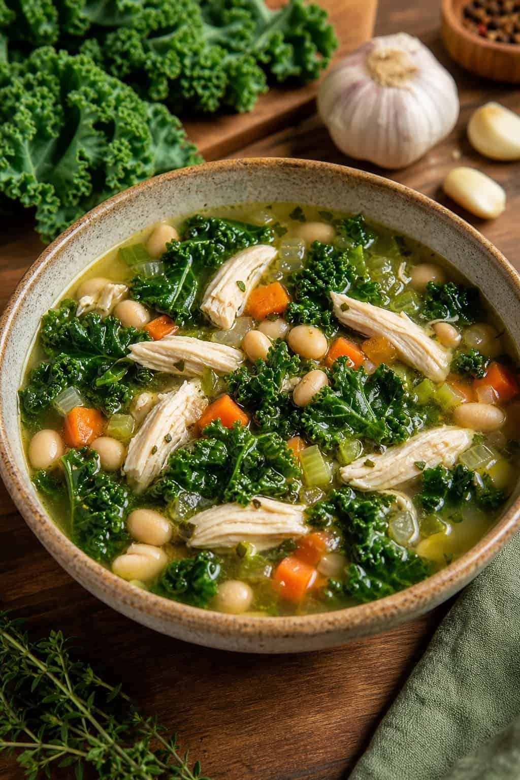 23 Healthy Chicken and Vegetable Recipes 11 A bowl of chicken, kale, and white bean soup on a wooden table with fresh ingredients around it.