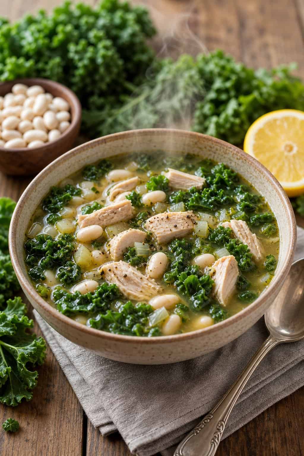 22 Heart-Healthy Chicken Recipes to Keep You Feeling Great! 8 A bowl of chicken, kale, and white bean soup on a wooden table with fresh ingredients around it.