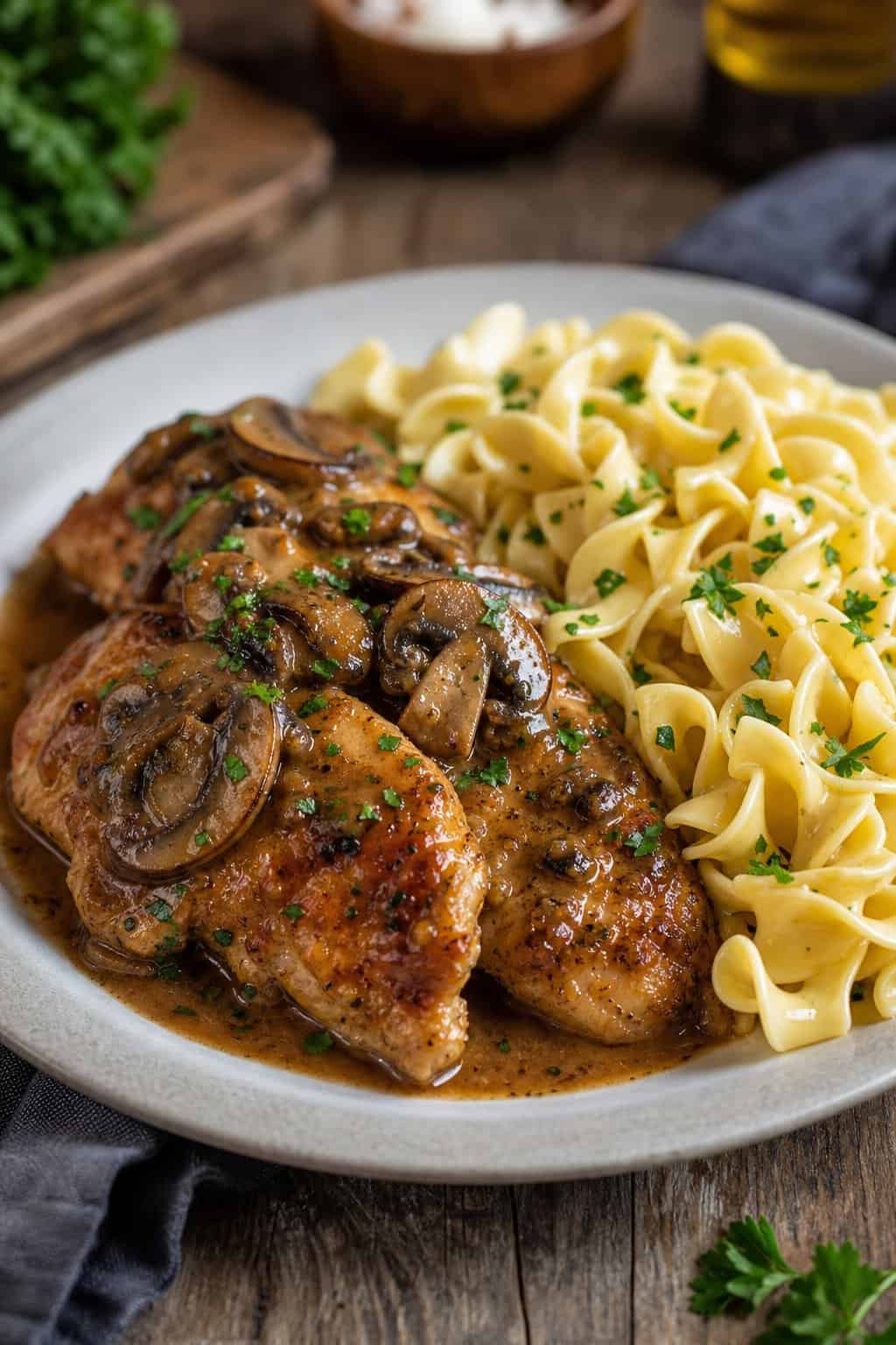 A plate of Chicken Marsala with mushroom sauce served alongside buttered noodles on a wooden table.