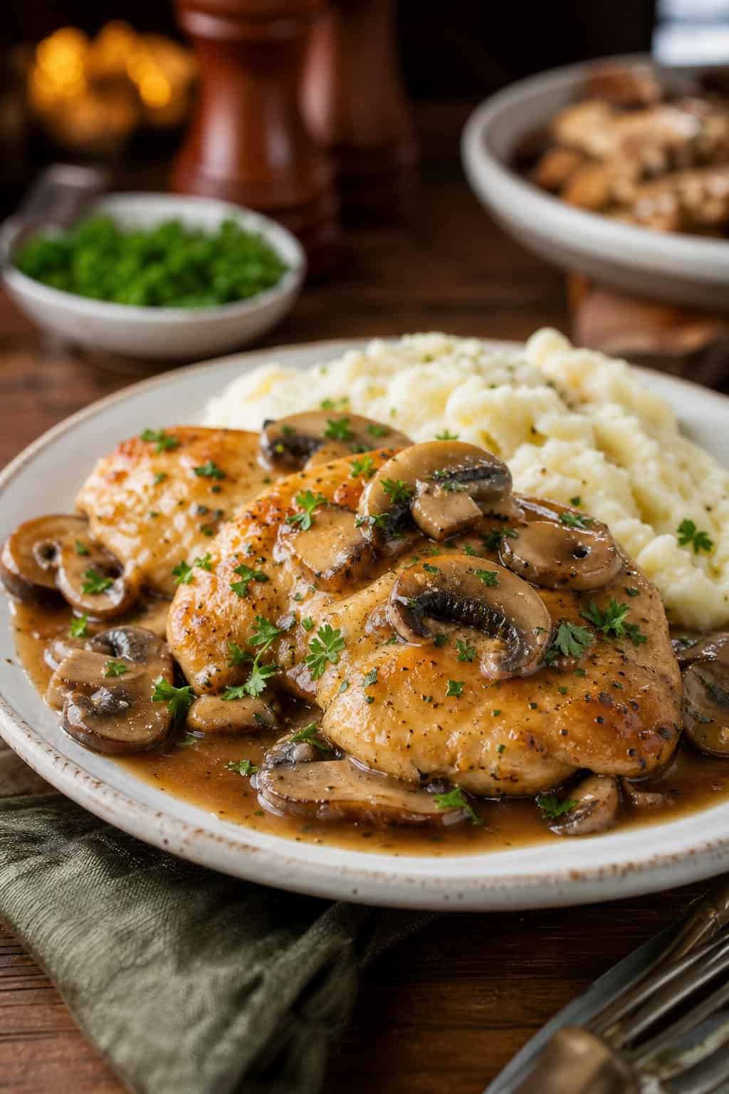 A plate of Chicken Marsala with mushrooms garnished with parsley, served with a side of mashed potatoes on a wooden table.
