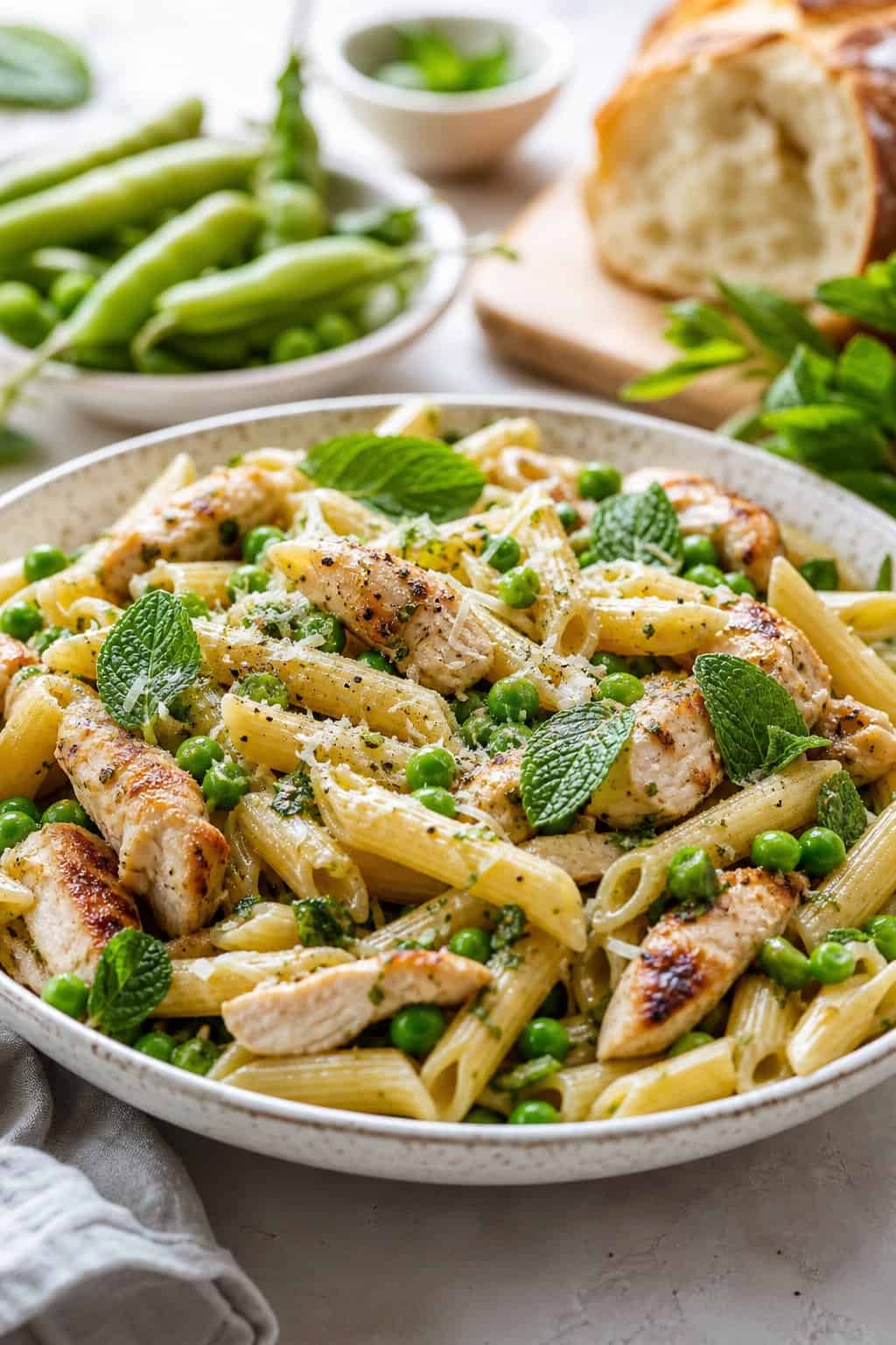 A plate of pasta with grilled chicken, peas, and mint leaves on a kitchen table with fresh ingredients in the background.