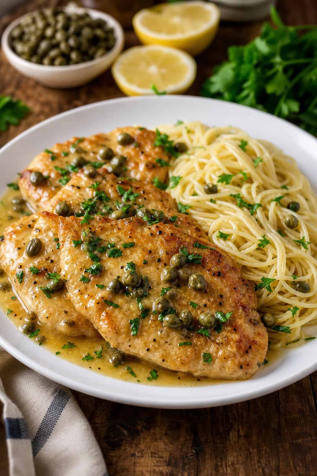 A plate of Chicken Piccata served with angel hair pasta, garnished with lemon slices and fresh parsley on a wooden table.