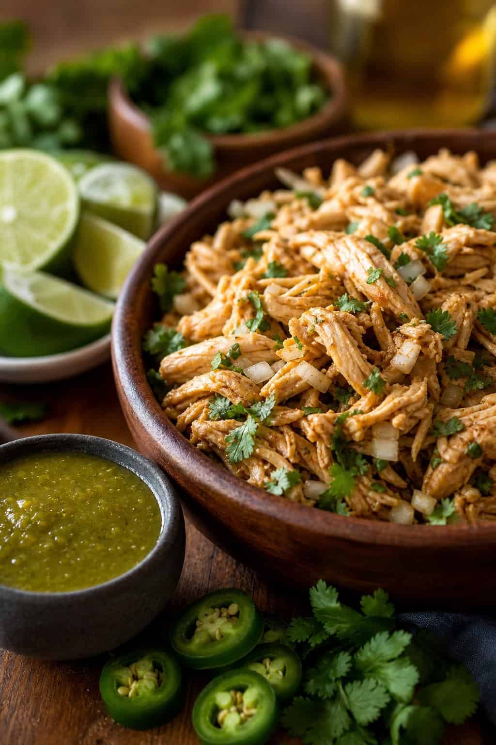 A bowl of shredded chicken taco filling next to a dish of green salsa verde with fresh lime wedges and herbs on a wooden surface.