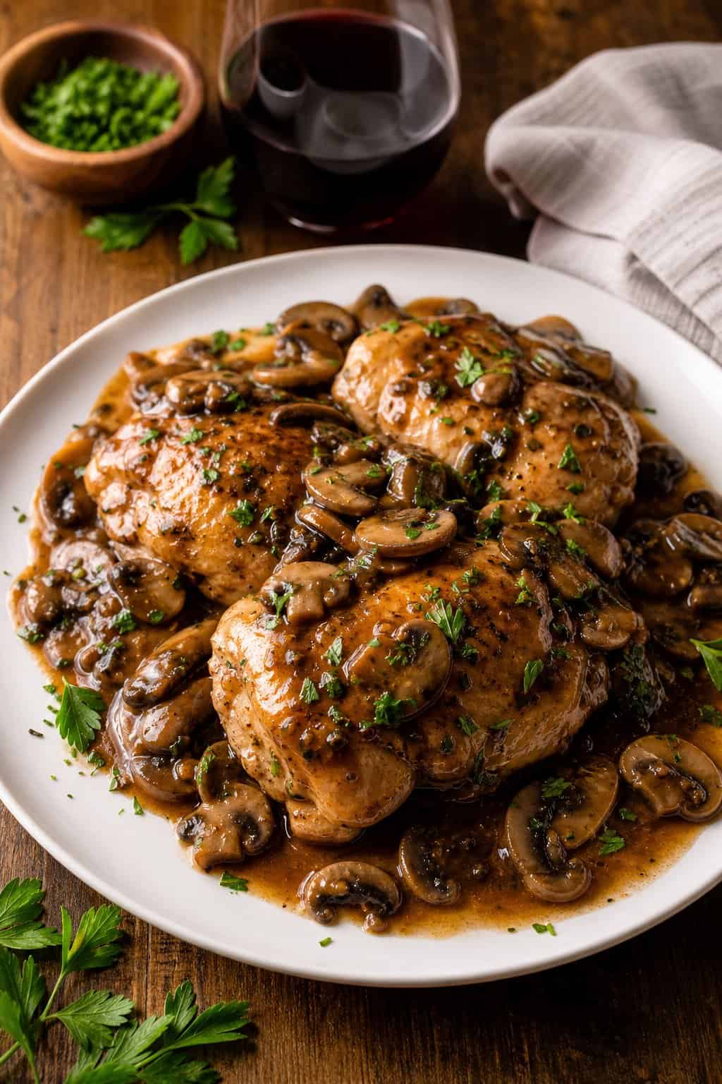 Plate of golden brown chicken thighs covered in mushroom Marsala sauce, garnished with parsley, on a wooden table with a glass of red wine nearby.