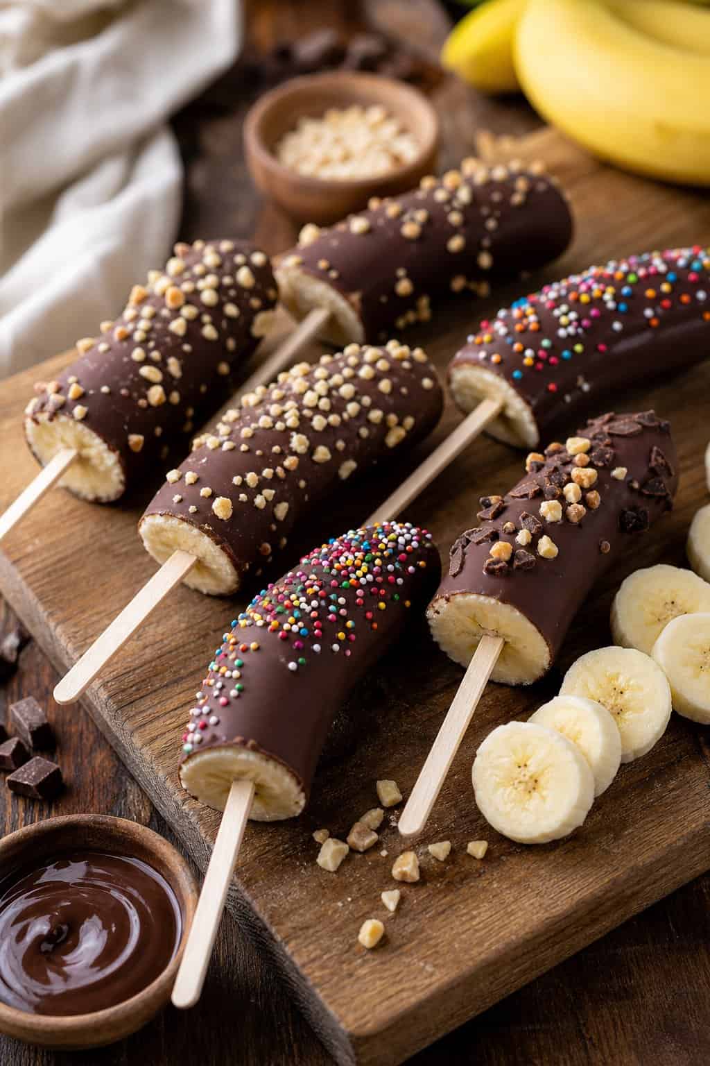Several chocolate-dipped frozen banana pops arranged on a wooden board with banana slices and a bowl of melted chocolate nearby.