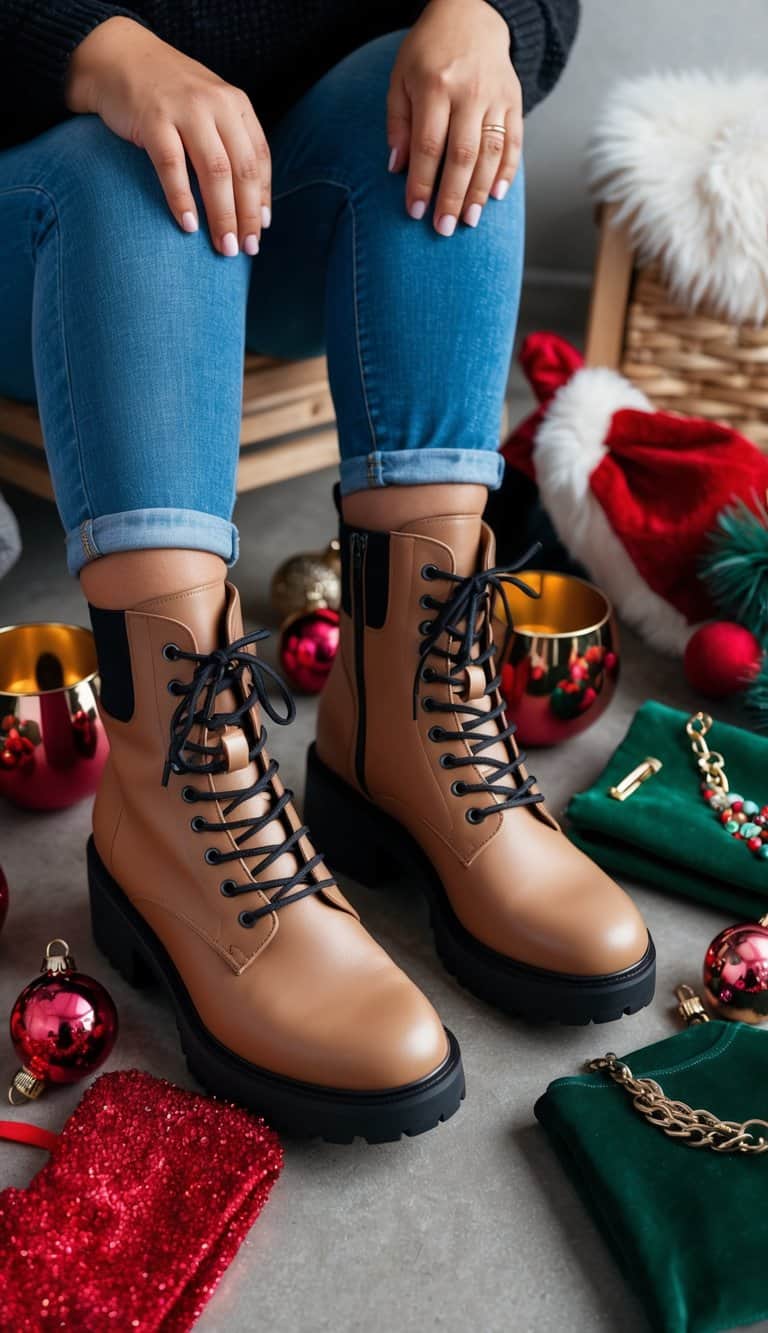 A pair of chunky ankle boots surrounded by festive accessories and clothing items in various plus size options