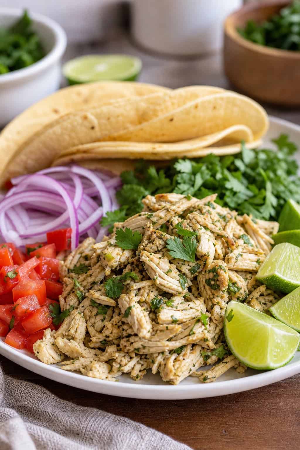 A plate of shredded cilantro lime chicken with fresh taco ingredients like tomatoes, onions, cilantro, lime wedges, and corn tortillas on a table.