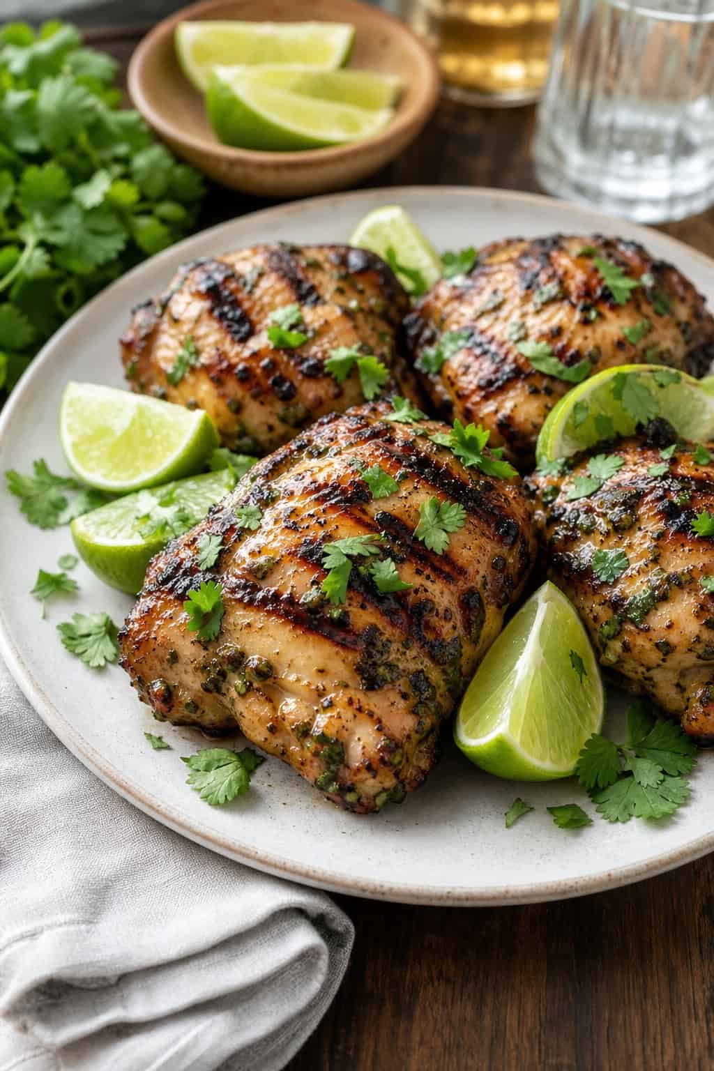A plate of grilled chicken thighs garnished with fresh cilantro and lime wedges on a wooden table.