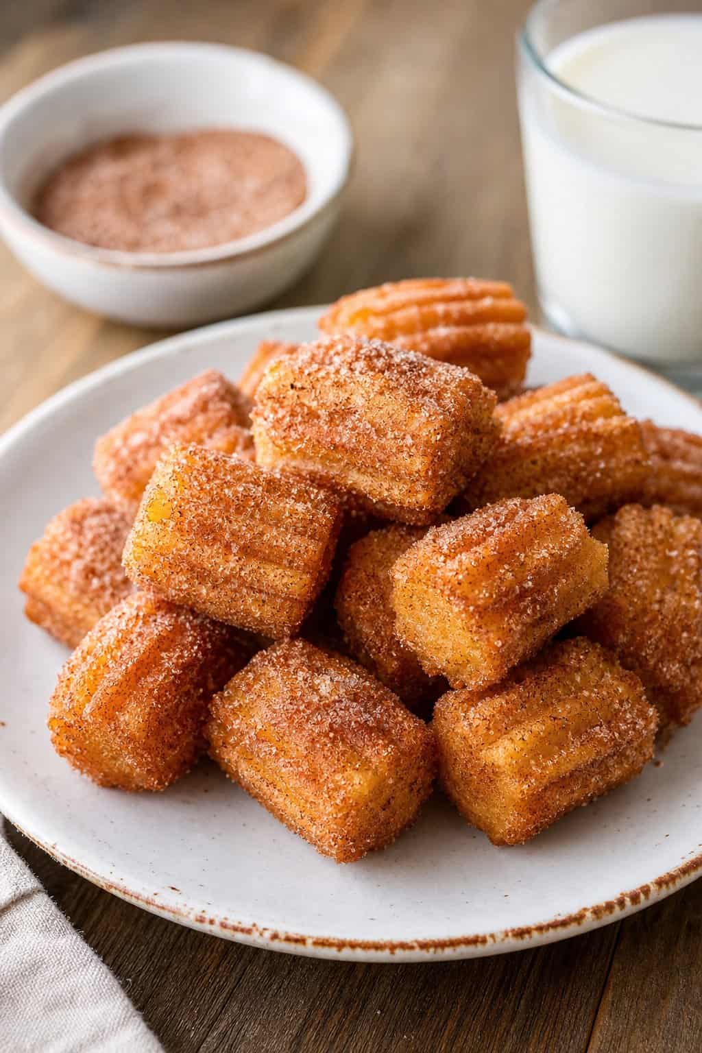 Close-up of cinnamon sugar churro bites on a plate with a bowl of cinnamon sugar and a glass of milk on a wooden table.