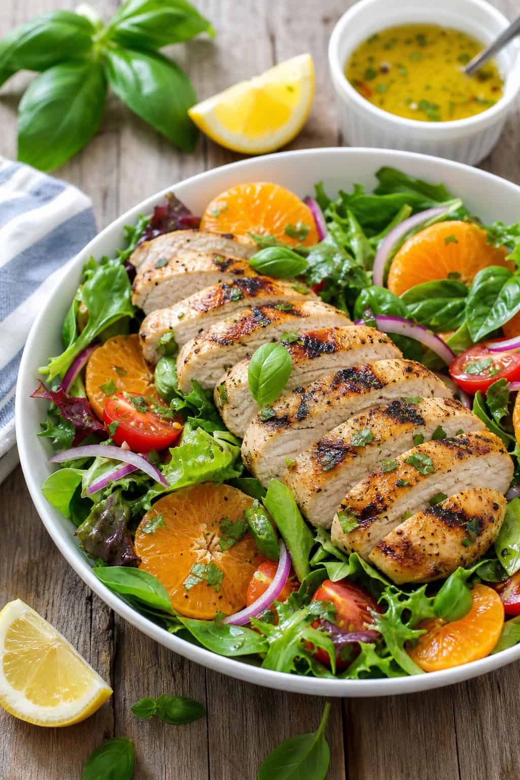 A bowl of grilled chicken salad with leafy greens, orange slices, basil leaves, and cherry tomatoes on a wooden table.