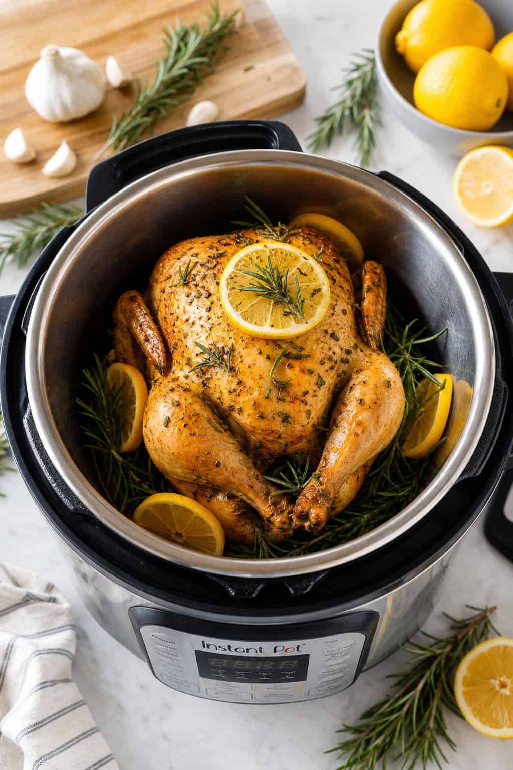 A whole cooked chicken with lemon slices and rosemary inside an Instant Pot on a kitchen countertop surrounded by fresh ingredients.