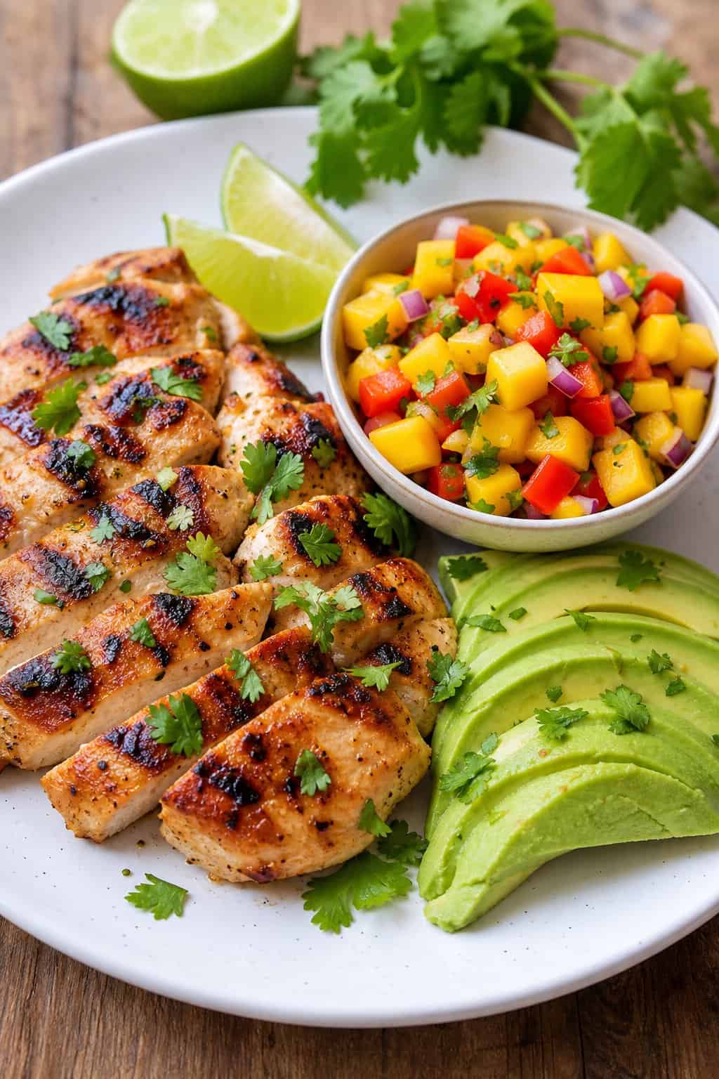 A plate with grilled chicken, mango salsa, and sliced avocado on a wooden table.
