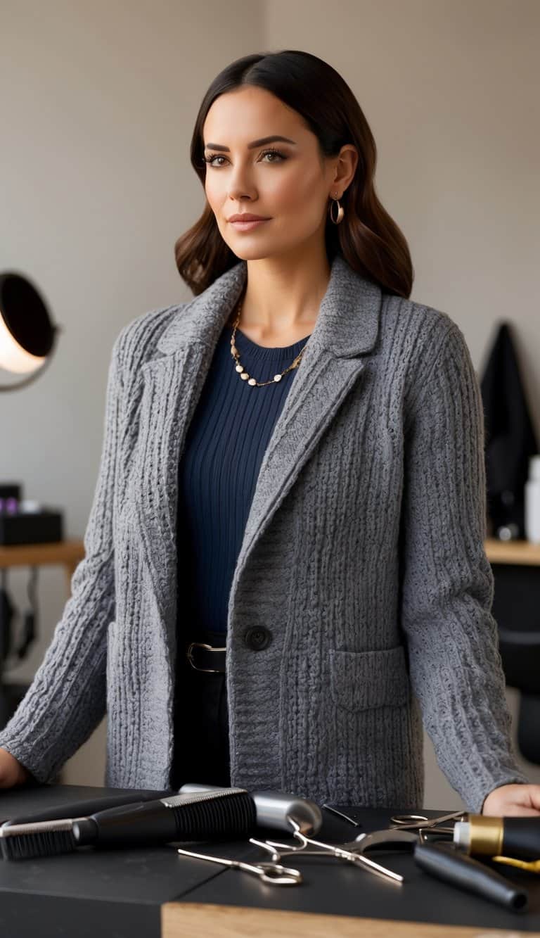 A cozy knit blazer hangs on a hanger, surrounded by hairdressing tools and accessories, creating a professional and stylish outfit idea
