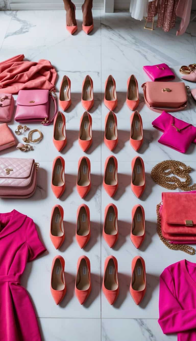 A row of coral kitten heels arranged neatly on a white marble floor, surrounded by various pink accessories and clothing items, creating a feminine and elegant atmosphere