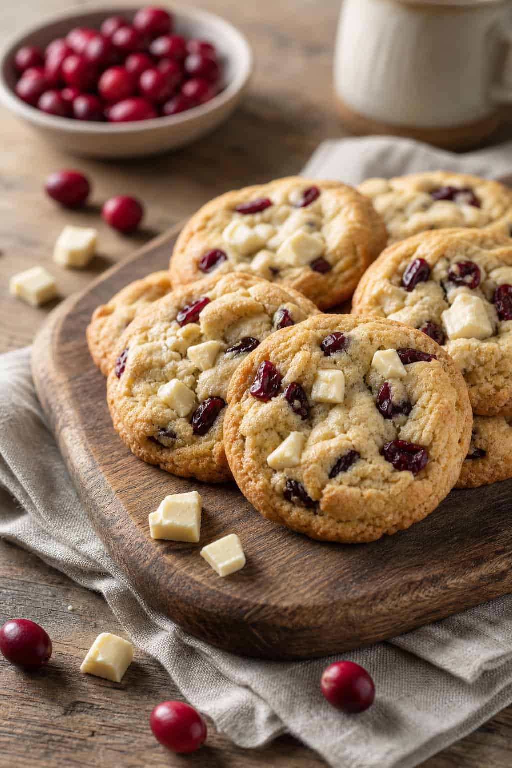 A close-up of cranberry white chocolate cookies on a wooden board with cranberries and white chocolate pieces around them.