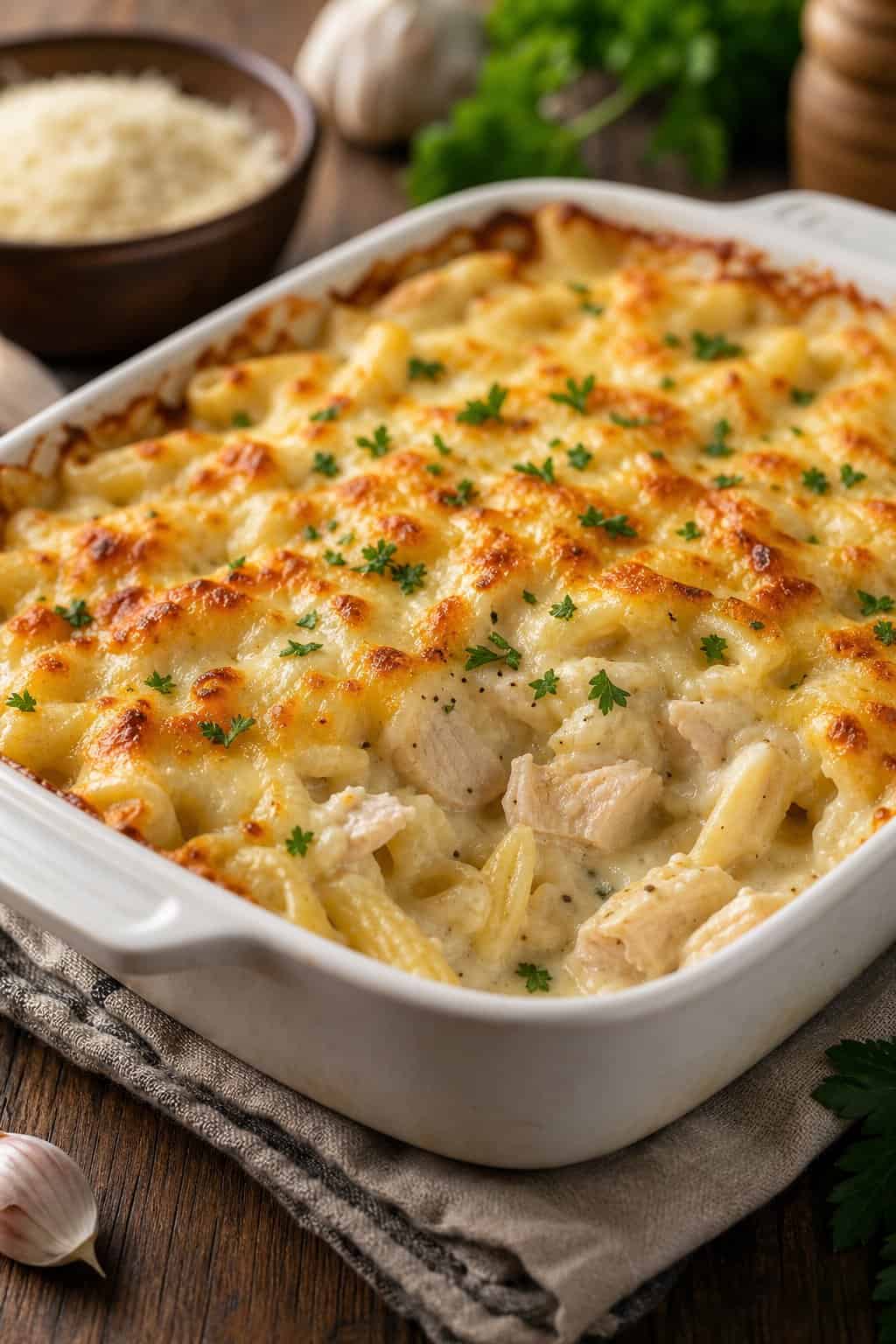 A creamy chicken Alfredo pasta bake in a white ceramic dish on a wooden table with fresh herbs and cheese around it.