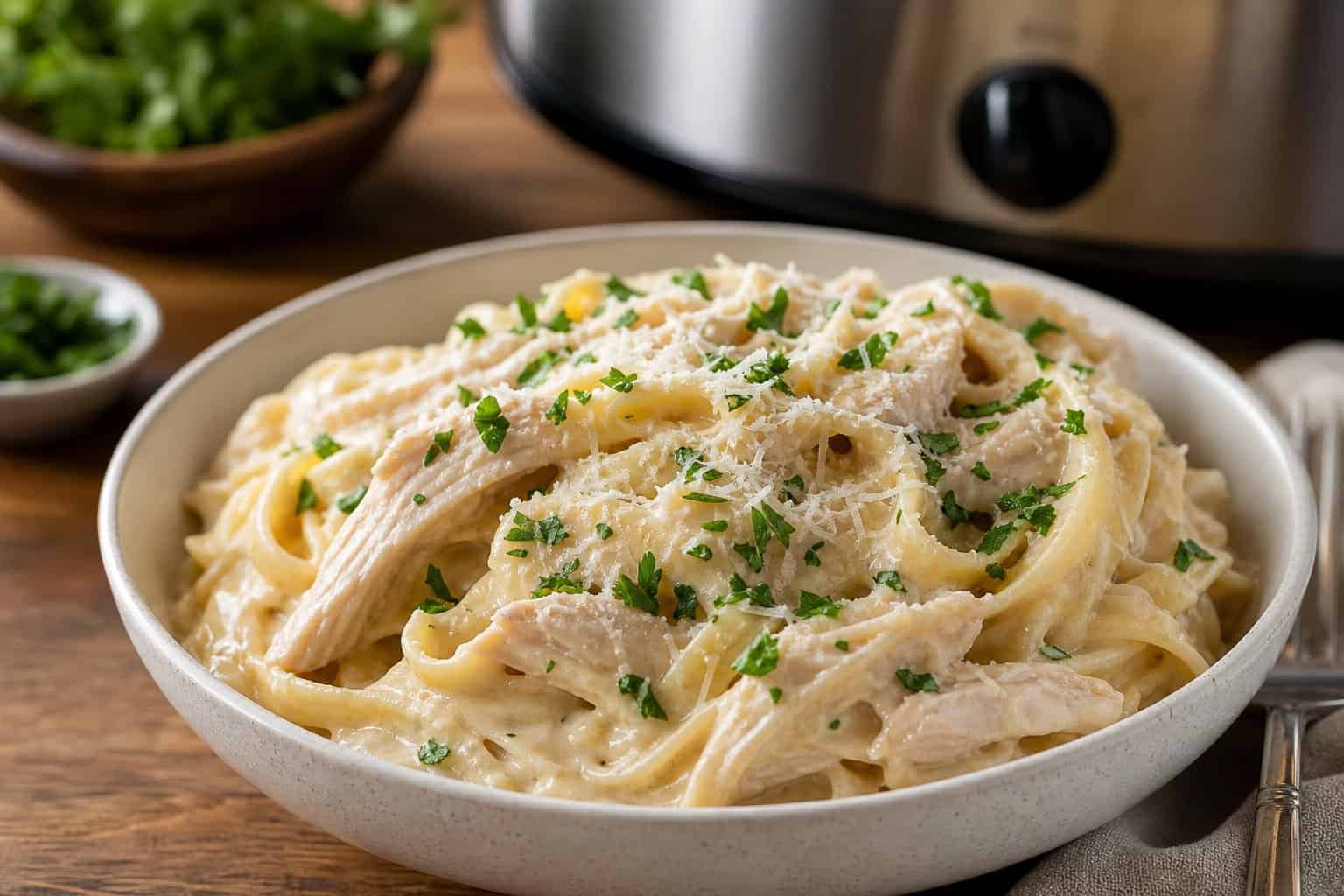 Bowl of creamy chicken Alfredo pasta garnished with parsley on a wooden table with a slow cooker in the background.