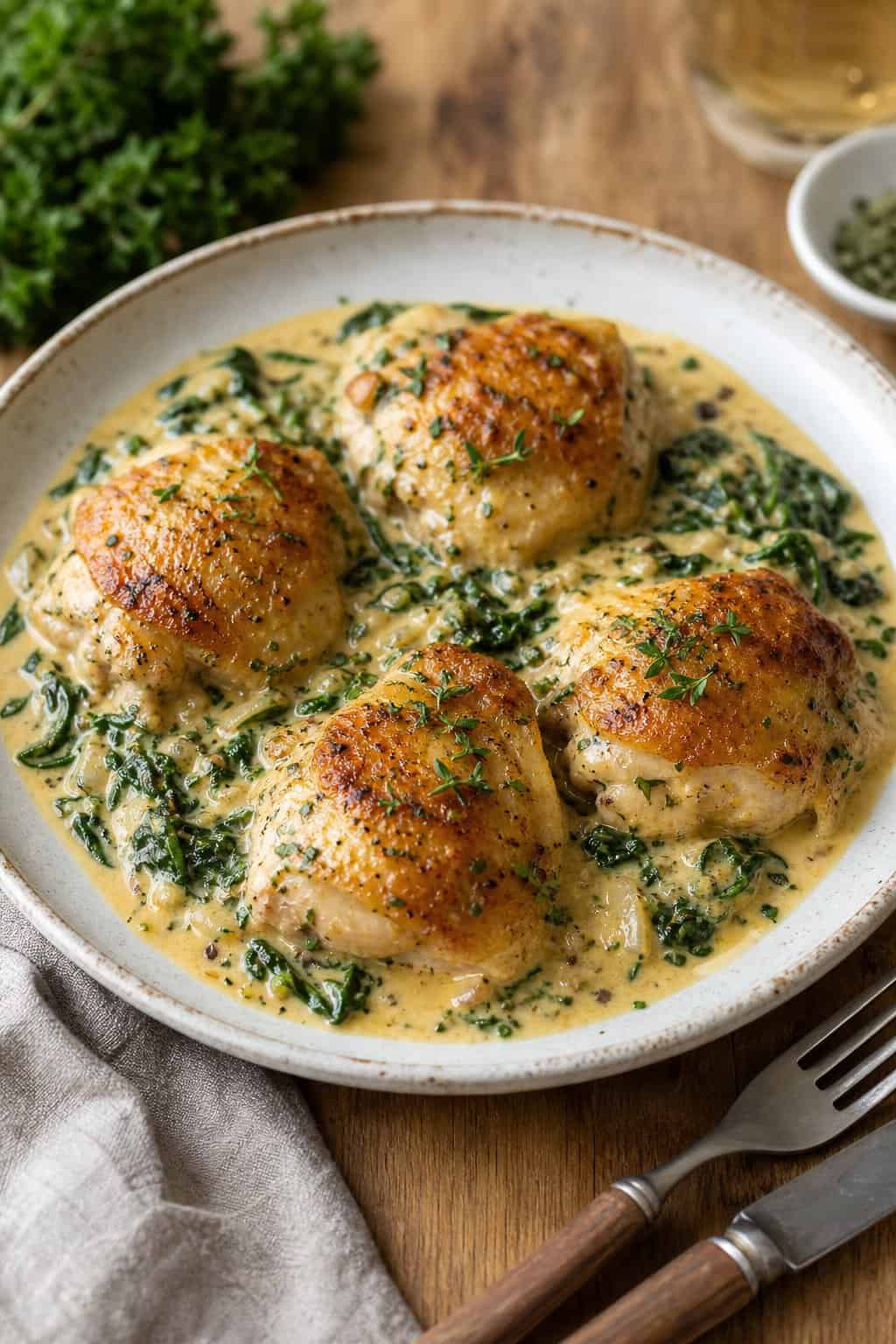 A plate of baked chicken thighs covered in creamy Dijon sauce with spinach, garnished with fresh herbs on a wooden table.