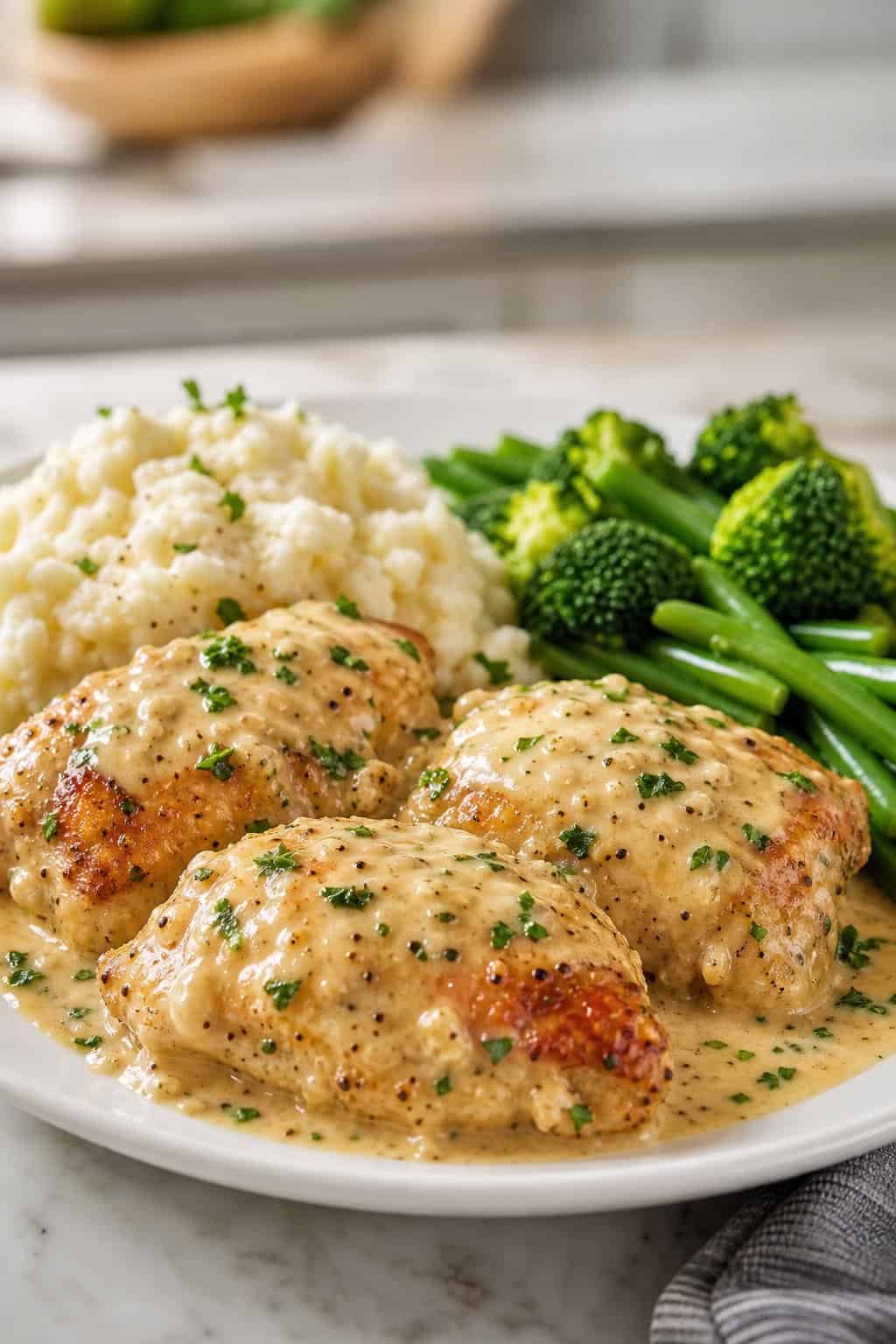 Plate of creamy garlic parmesan chicken thighs with green vegetables and mashed potatoes on a kitchen table.