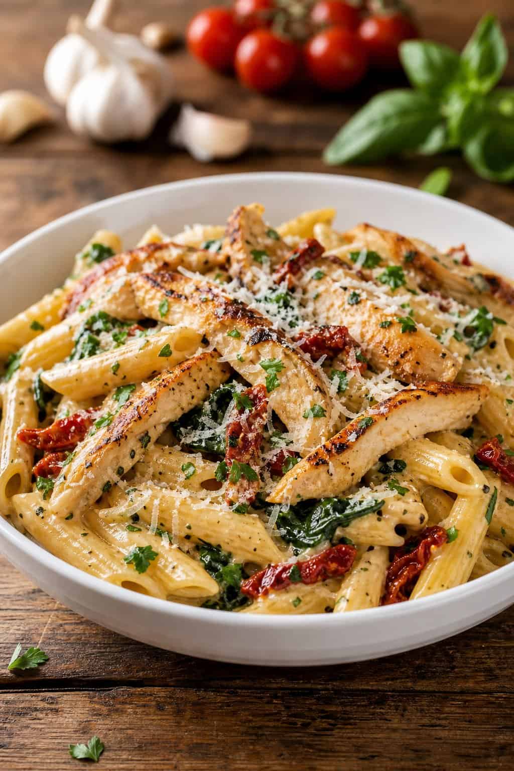 A bowl of creamy Tuscan chicken penne pasta with spinach, sun-dried tomatoes, and grilled chicken on a wooden table.