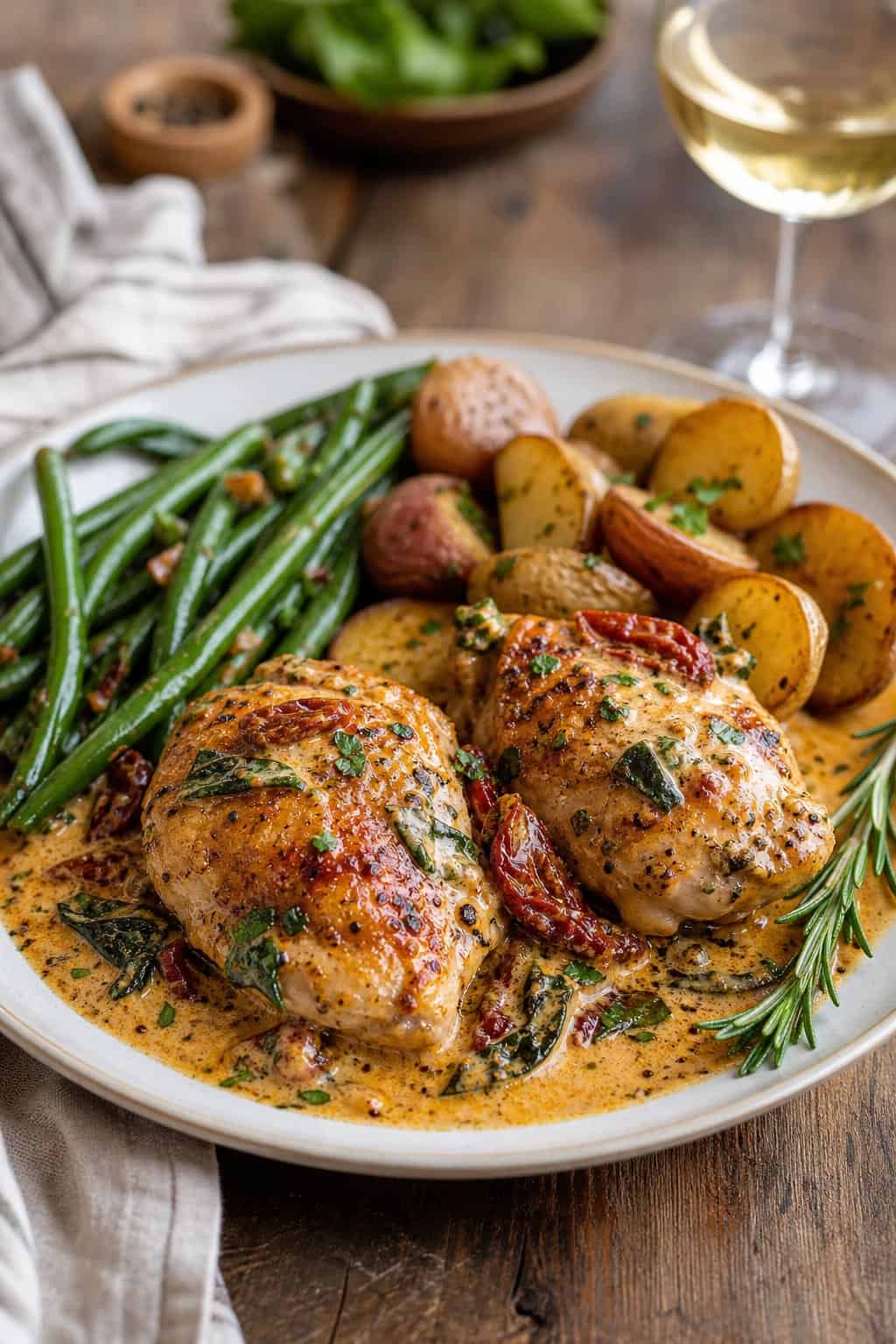 A plate of creamy Tuscan sun-dried tomato chicken thighs with green beans and roasted potatoes on a wooden table.