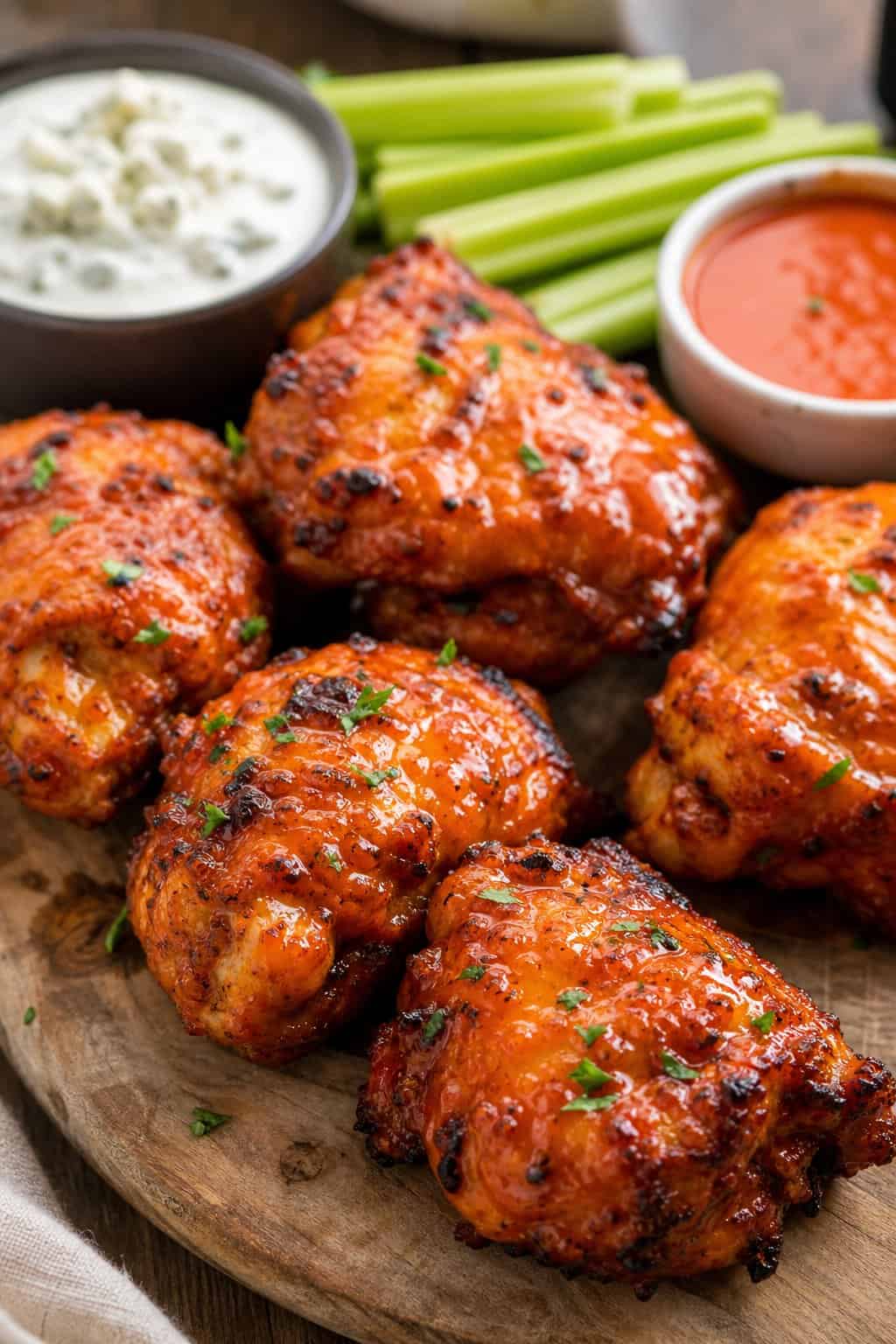 Close-up of crispy buffalo chicken thighs on a wooden board with celery sticks and dipping sauces.