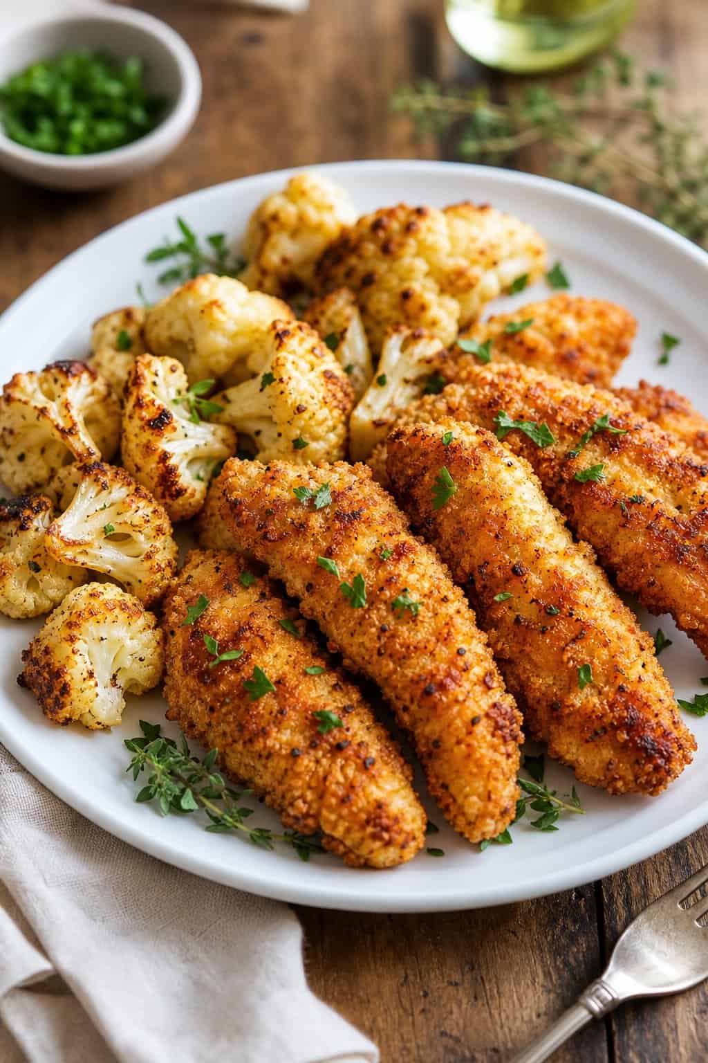 A plate of crispy baked chicken tenders served with roasted cauliflower and garnished with fresh herbs.