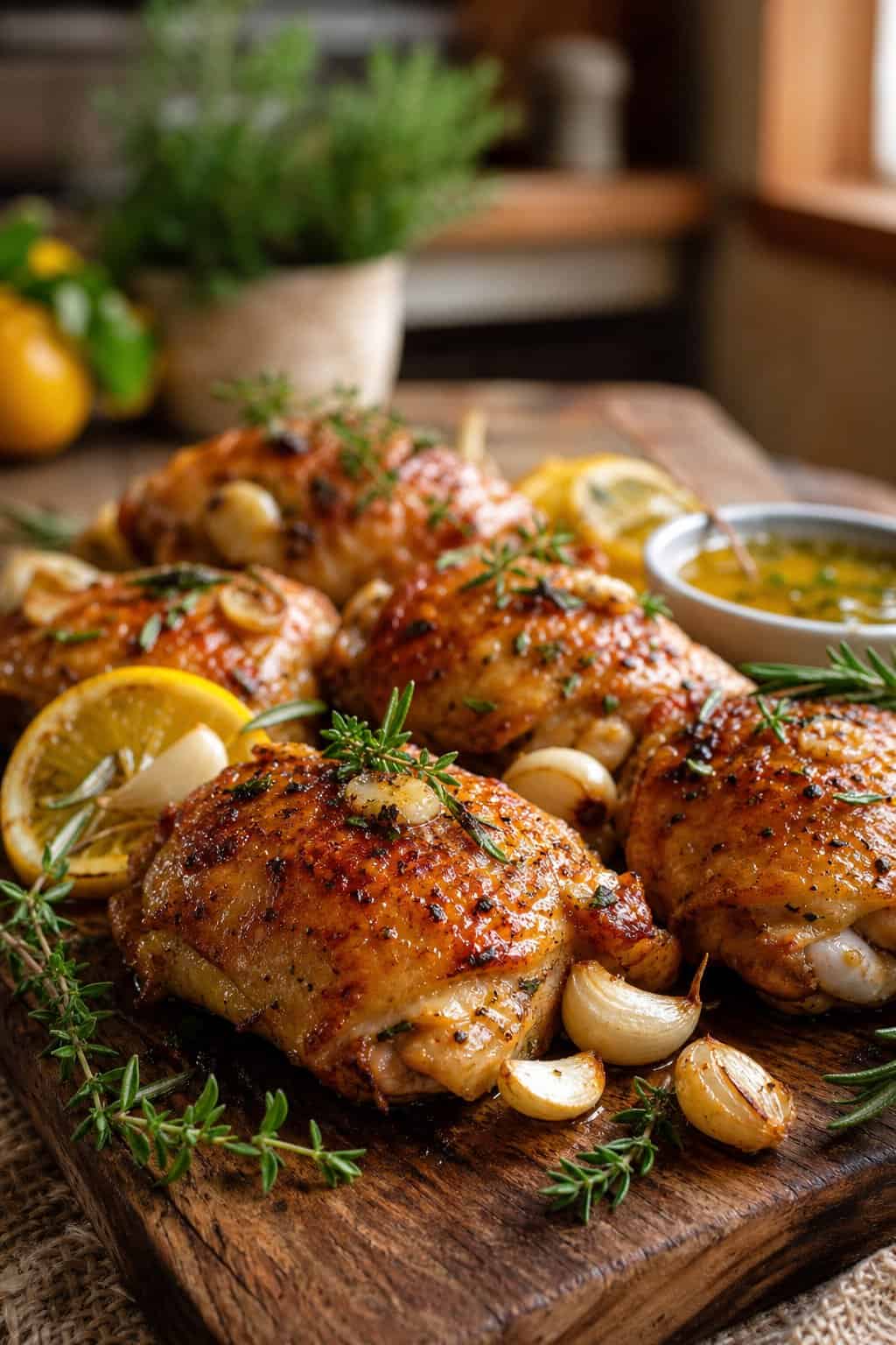 A plate of crispy oven-baked lemon garlic chicken thighs garnished with lemon slices, garlic cloves, and fresh herbs.