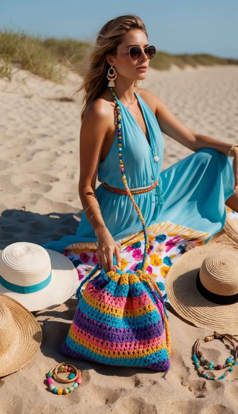 A sandy beach with a colorful crochet beach bag surrounded by various boho outfit elements such as flowy dresses, straw hats, and beaded jewelry