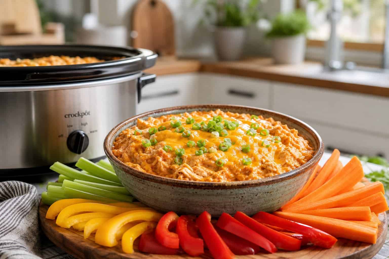 A bowl of buffalo chicken dip with vegetable sticks on a wooden board in a cozy kitchen setting.