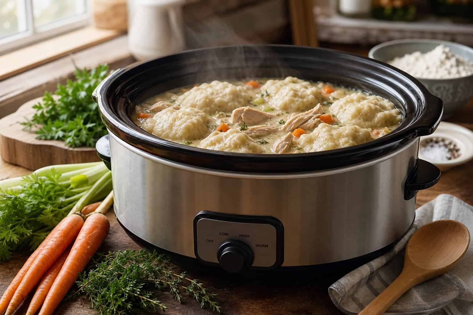 A crockpot filled with steaming chicken and dumplings on a wooden countertop surrounded by fresh vegetables and herbs.
