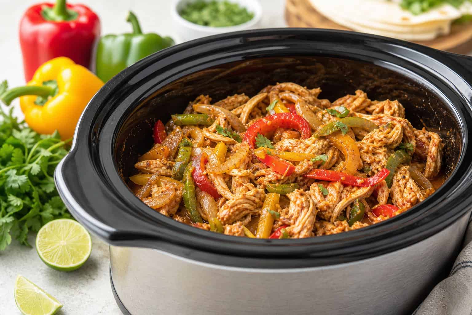 Close-up of a crockpot filled with chicken fajita filling including bell peppers and onions on a kitchen countertop with fresh ingredients nearby.
