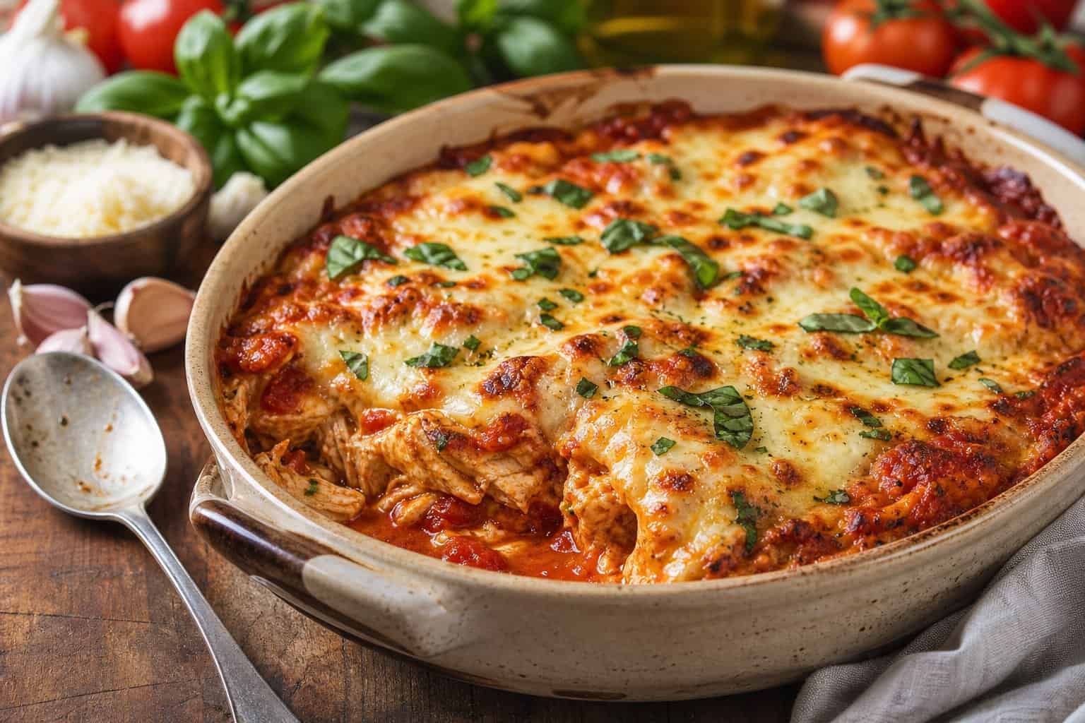 A cooked chicken parmesan casserole in a ceramic dish on a wooden table with fresh ingredients around it.