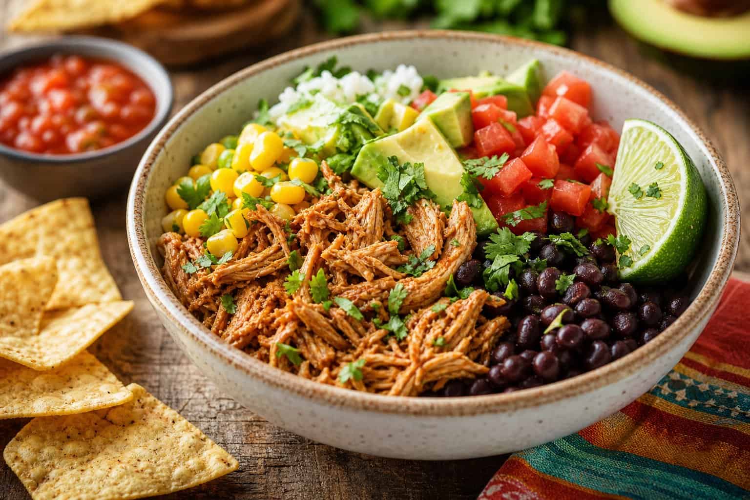 A bowl of shredded crockpot chicken taco topped with avocado, tomatoes, black beans, corn, and cilantro on a wooden table with tortilla chips and salsa nearby.