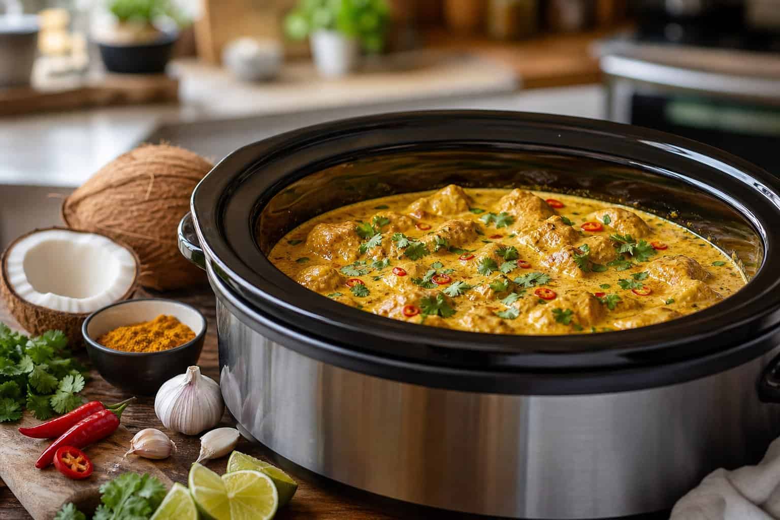 A crockpot filled with coconut curry chicken surrounded by fresh ingredients on a kitchen countertop.