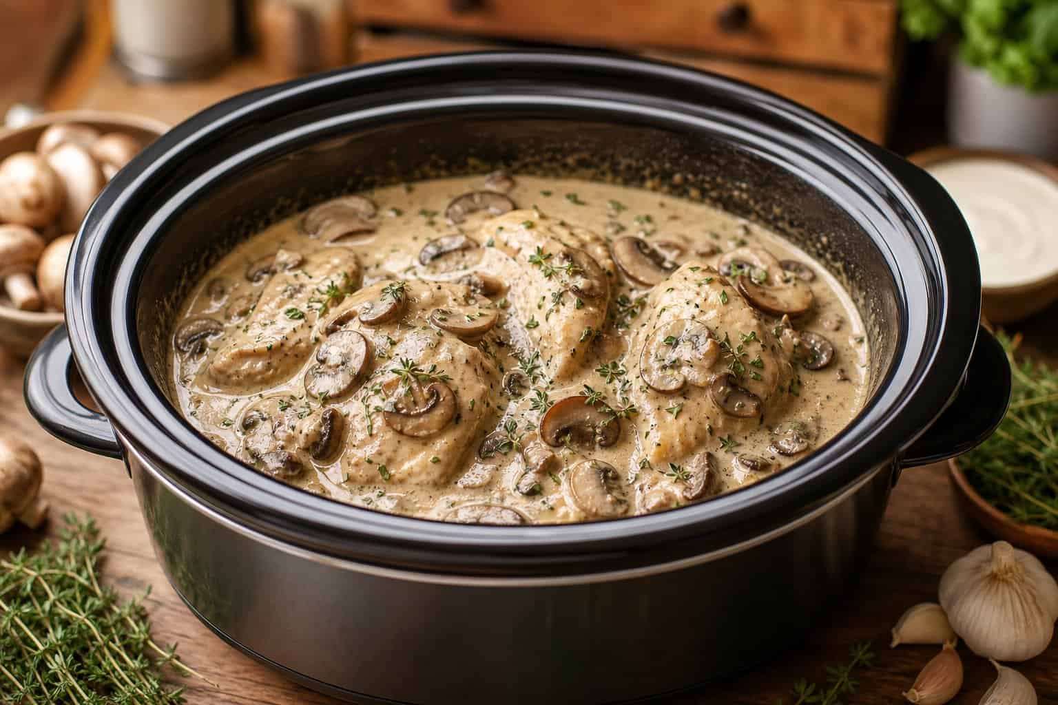 A crockpot filled with creamy mushroom chicken on a kitchen countertop surrounded by fresh mushrooms and herbs.