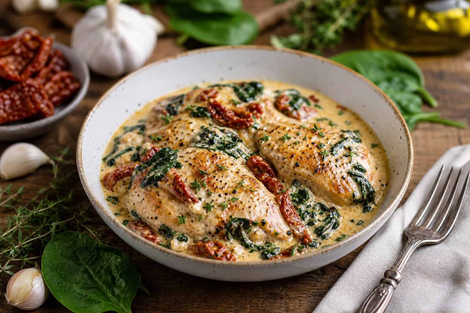 A bowl of creamy Tuscan chicken with spinach and sun-dried tomatoes on a wooden table surrounded by fresh ingredients.