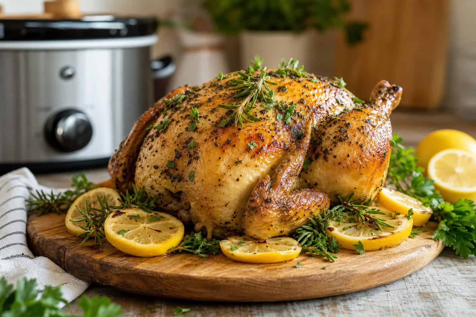 A whole roasted chicken garnished with lemon slices and fresh herbs on a wooden board in a kitchen setting.