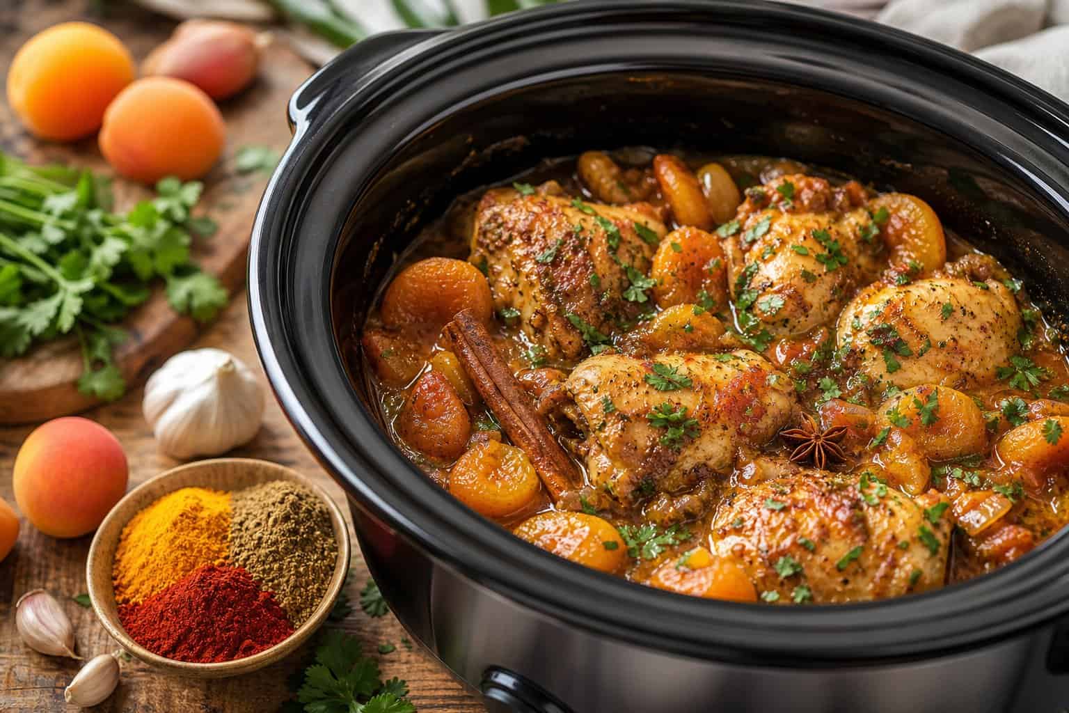 A crockpot filled with Moroccan-spiced chicken and apricots surrounded by fresh apricots, herbs, and spices on a wooden kitchen surface.