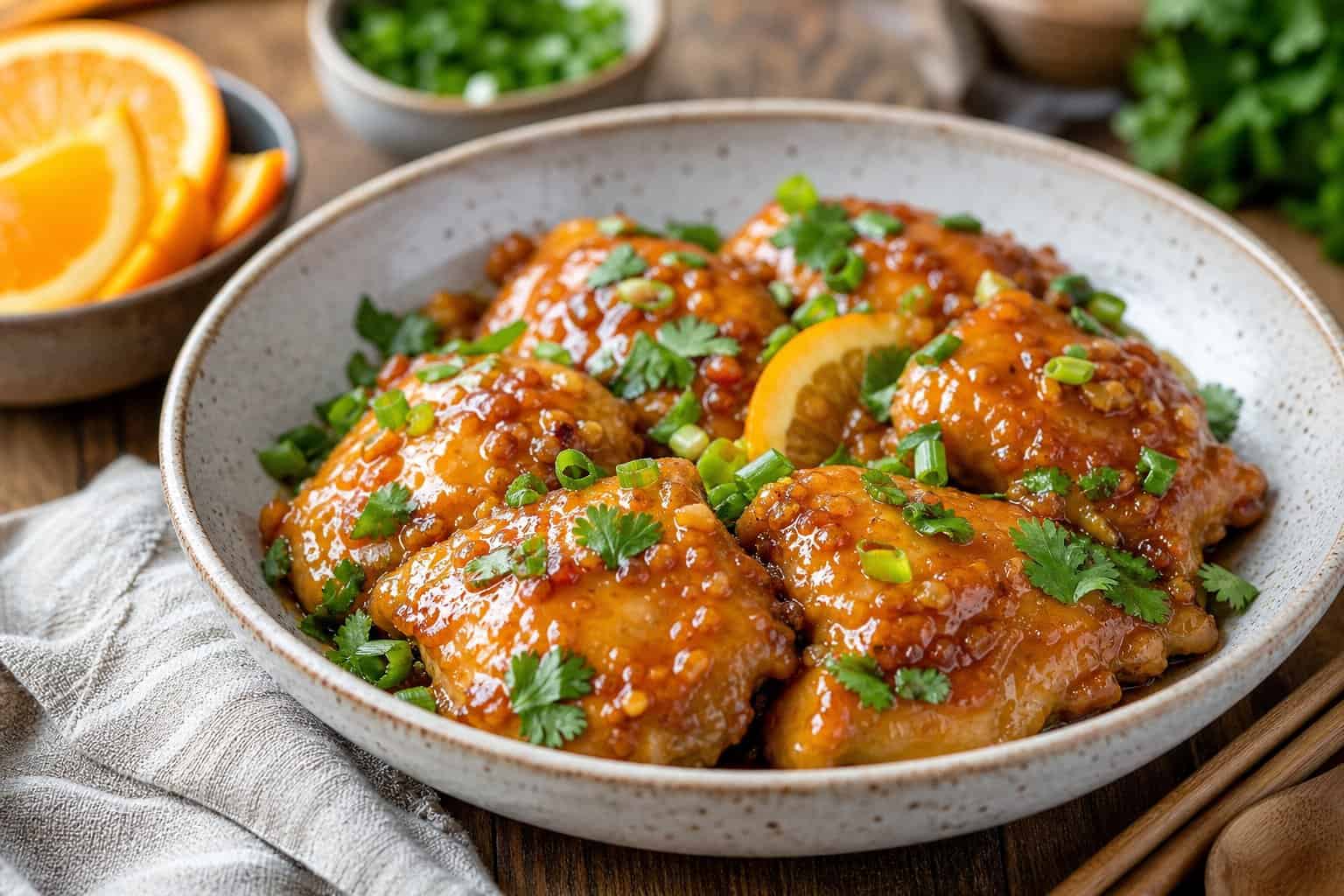 A bowl of sticky orange chicken thighs garnished with fresh herbs on a wooden table.
