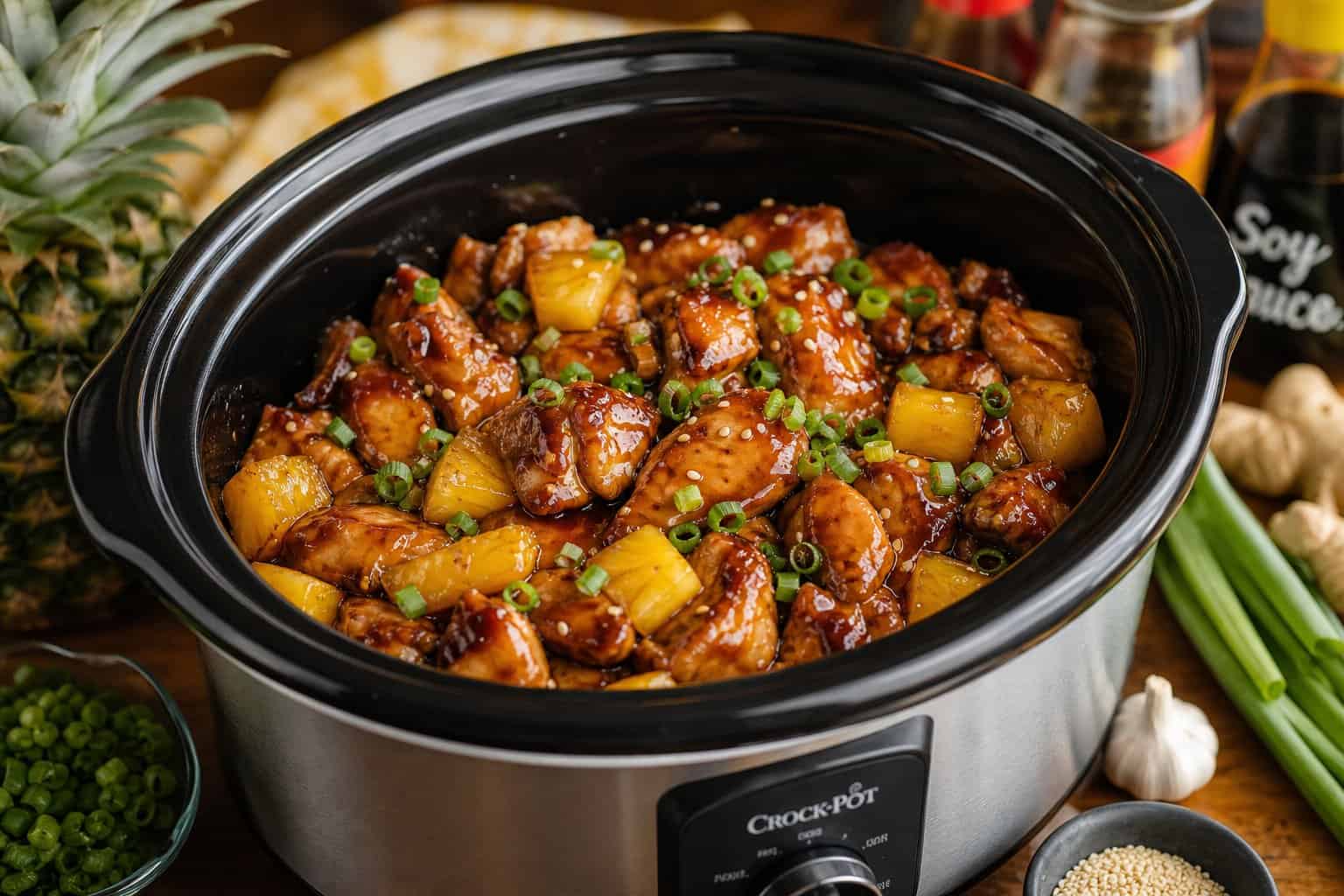 A crockpot filled with teriyaki chicken and pineapple chunks, garnished with green onions on a kitchen countertop with fresh ingredients around.
