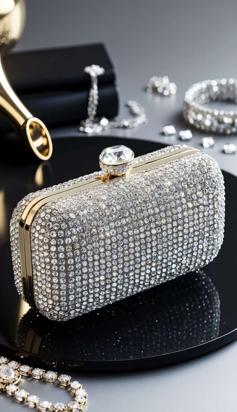 A sparkling crystal-embellished clutch sits on a sleek surface, surrounded by glittering jewelry and elegant accessories, ready for a stylish New Year's celebration